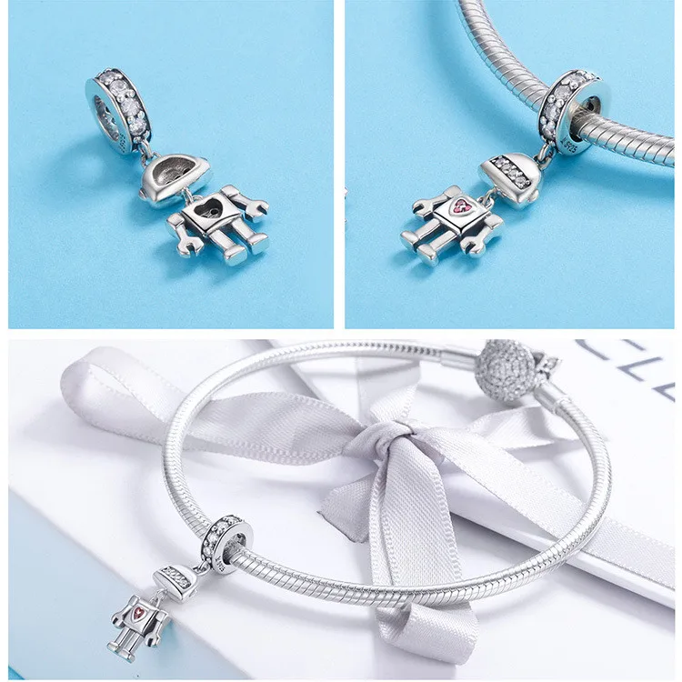 Браслет Pandora,, 925 пробы, серебряный, CZ, милый, для маленькой девочки и мальчика, сердце, робот, талисманы, бусины для дедушки и бабушки