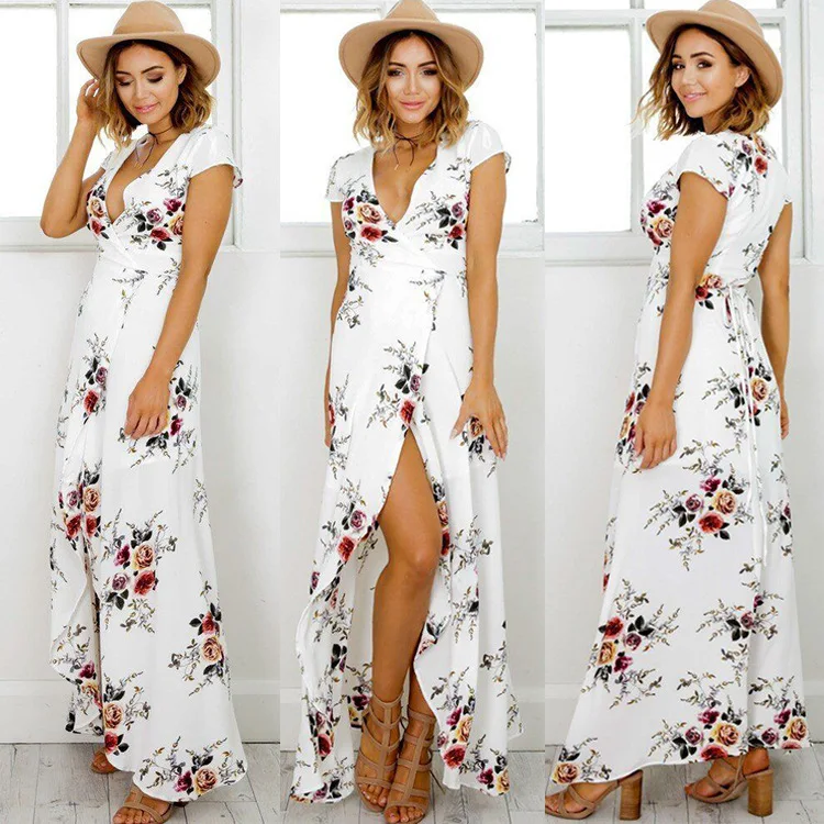 H. SA Цветочным Принтом Долго Dress Женщины 2017 Макси Vestidos Сексуальный белый Сплит
