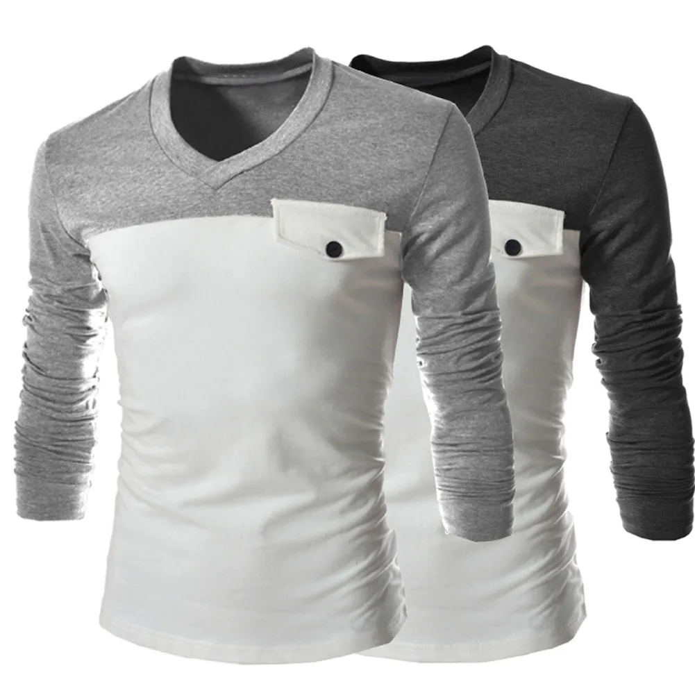 Мужская футболка с длинным рукавом и V образным вырезом|tees men|fashion teeslong sleeve t-shirt |