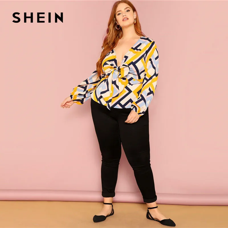 SHEIN Стильный Топ Размера Плюс С V-Образным Вырезом Женские Многоцветные Повседневные Блузки С Длинными Рукавами