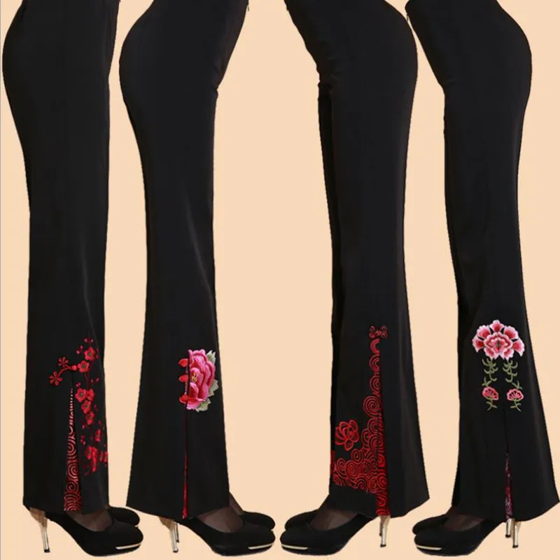 

chinese style women embroidery flowers women long trouser high waist wide leg flare solf pants Boot Cut plus size XS-4XL