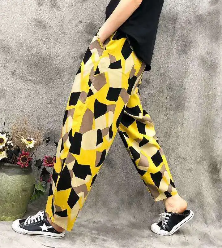 Summer Hip Hop New Print Linen Shorts Women Summer Casual Harem Leg Shorts Pockets Elastic Waist Loose Short Vintage autumn