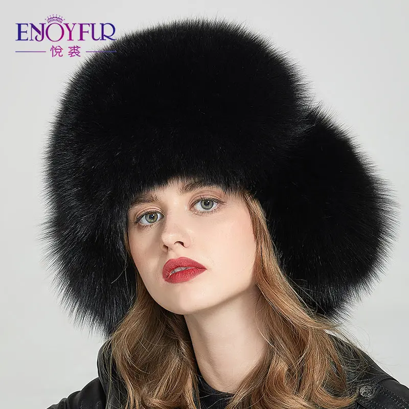 ENJOYFUR натуральный Лисий мех женские зимние шапки ушанка теплый мех пэчворк натуральная кожа шапки женские толстые русские шапки-бомберы - Цвет: F033