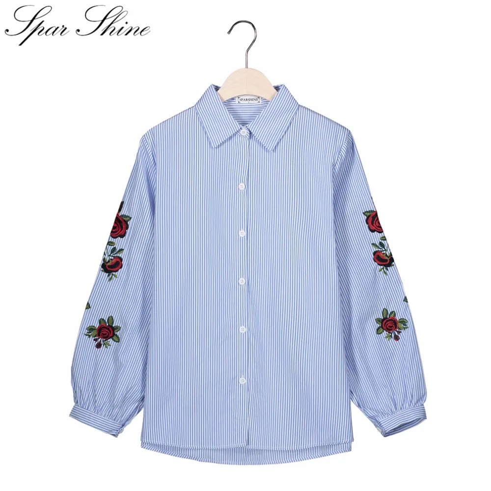 2019 Новый Blusas роза с вышитыми цветами в полоску Блузки Женская рубашка длинными