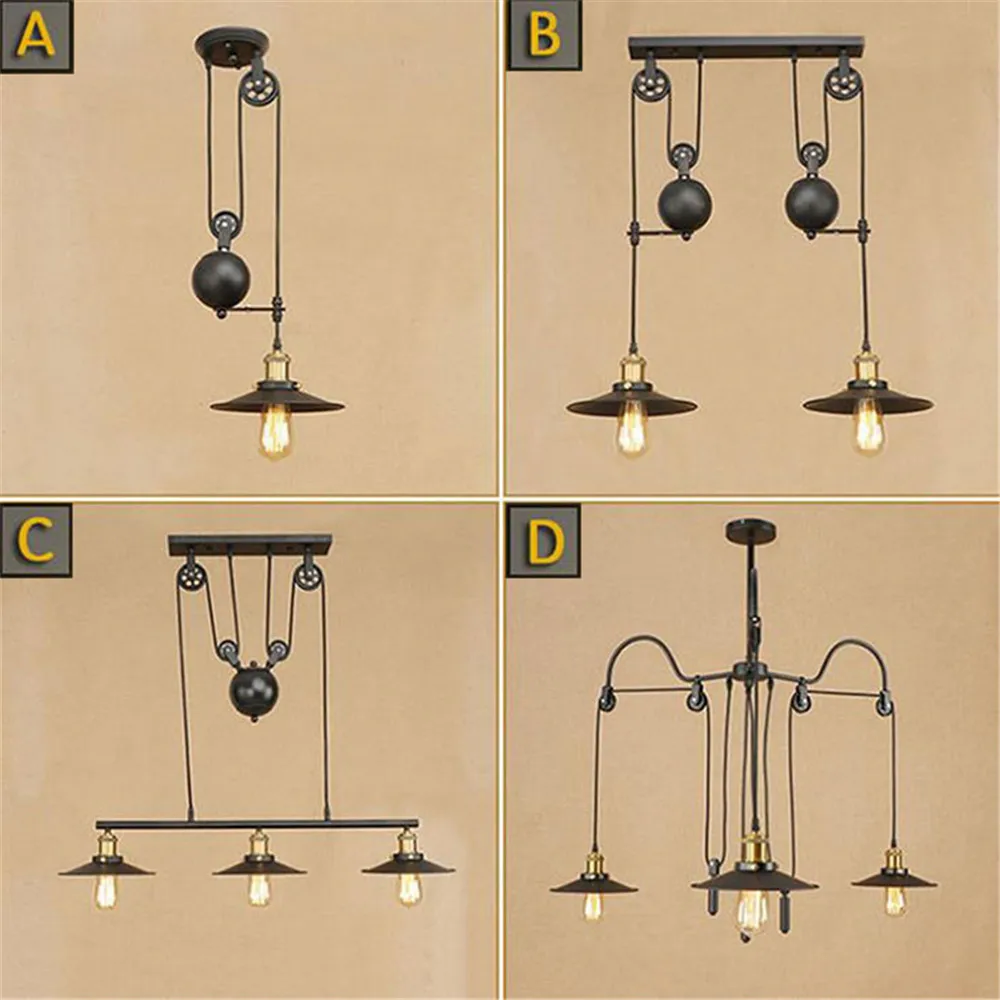 1/2/3/4 Lights Chandelier, Black Iron Hill Three-Light Indoor Island Pulley Hanging Lighting, 1-Light 2-light 3-light 4-light