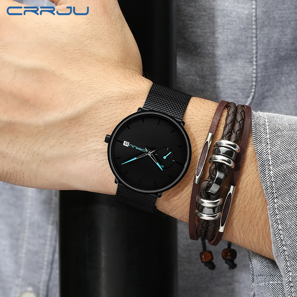 Relogio Masculino CRRJU ультра тонкие часы для мужчин Аналоговые кварцевые наручные с