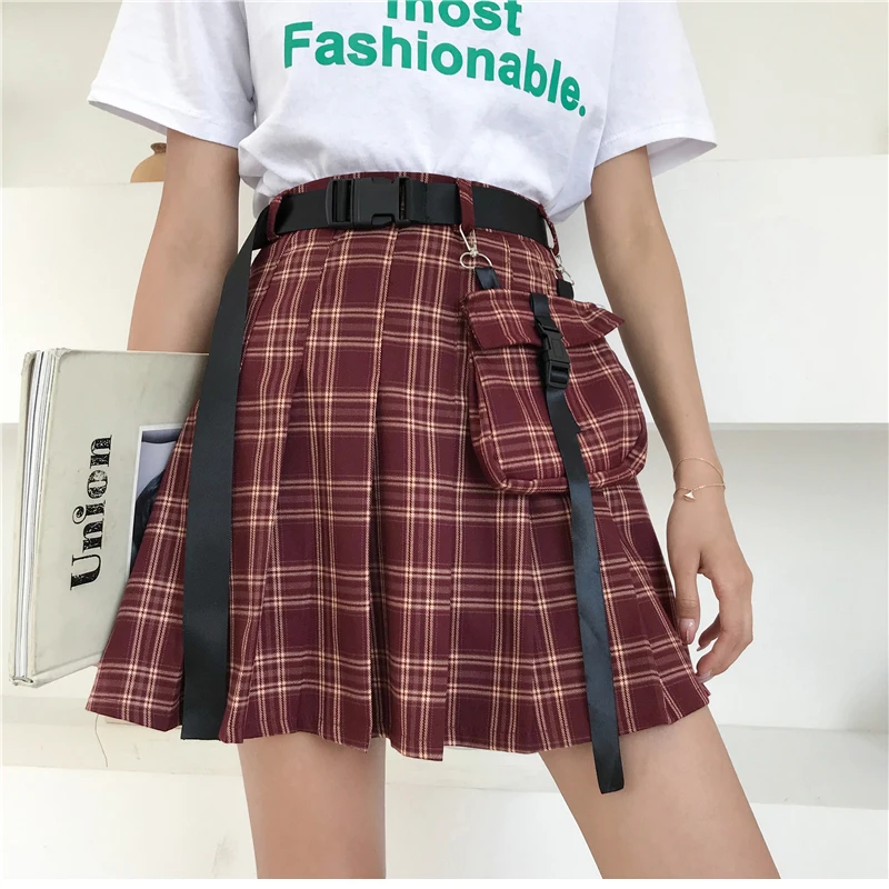 

Casual Basic Fashion All Match Plaid Pocket High Waist Pleated Skirt College Wind 2019 New Vintage Female Women Mini Skirts