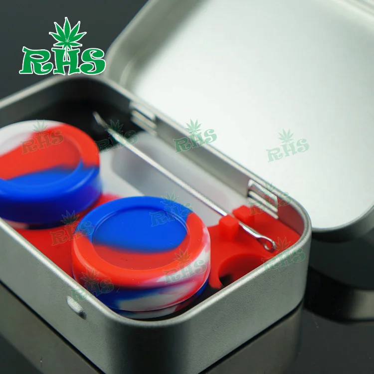 

2setTin kit set with dab tool and 5ml glow in the dark silicone jars container full sizes jar containers for concentrate/wax oil