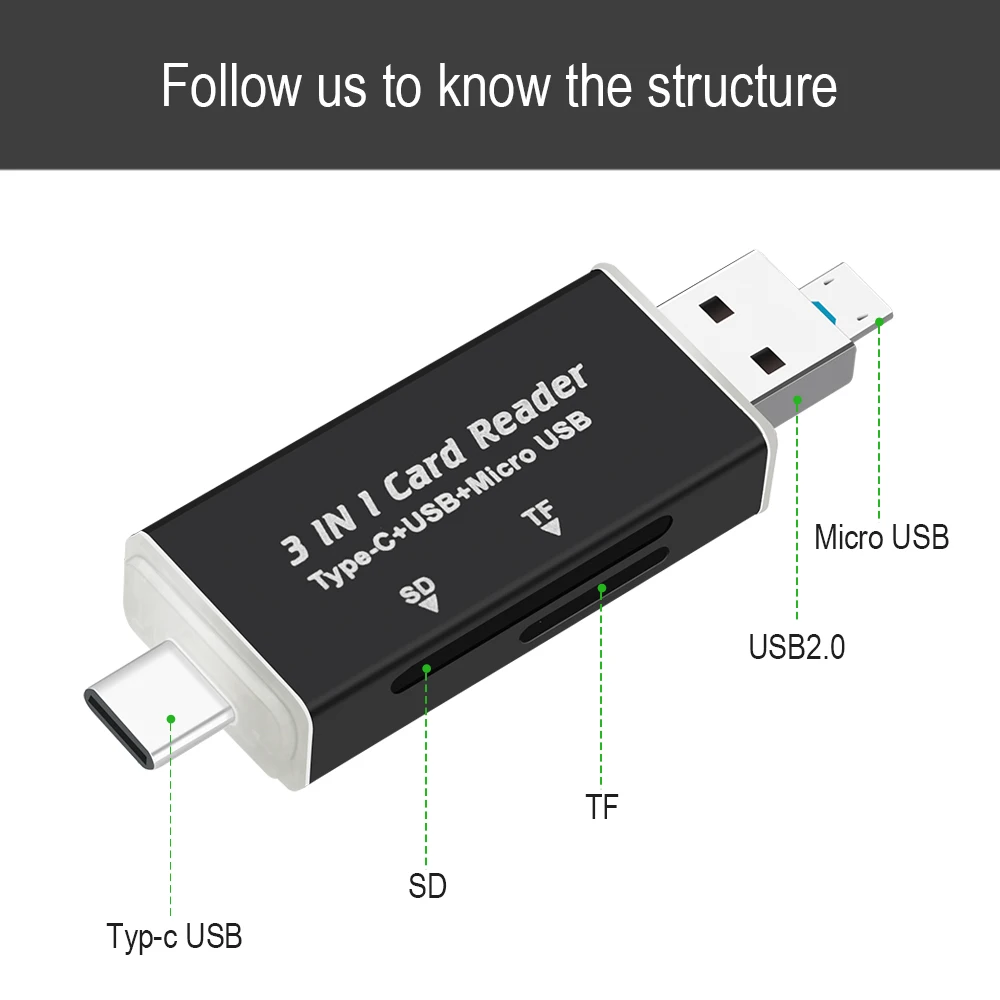 3 в 1 USB C OTG концентратор кард ридер Тип C/Micro USB/USB для Micro SD TF Macbook Android телефон ПК