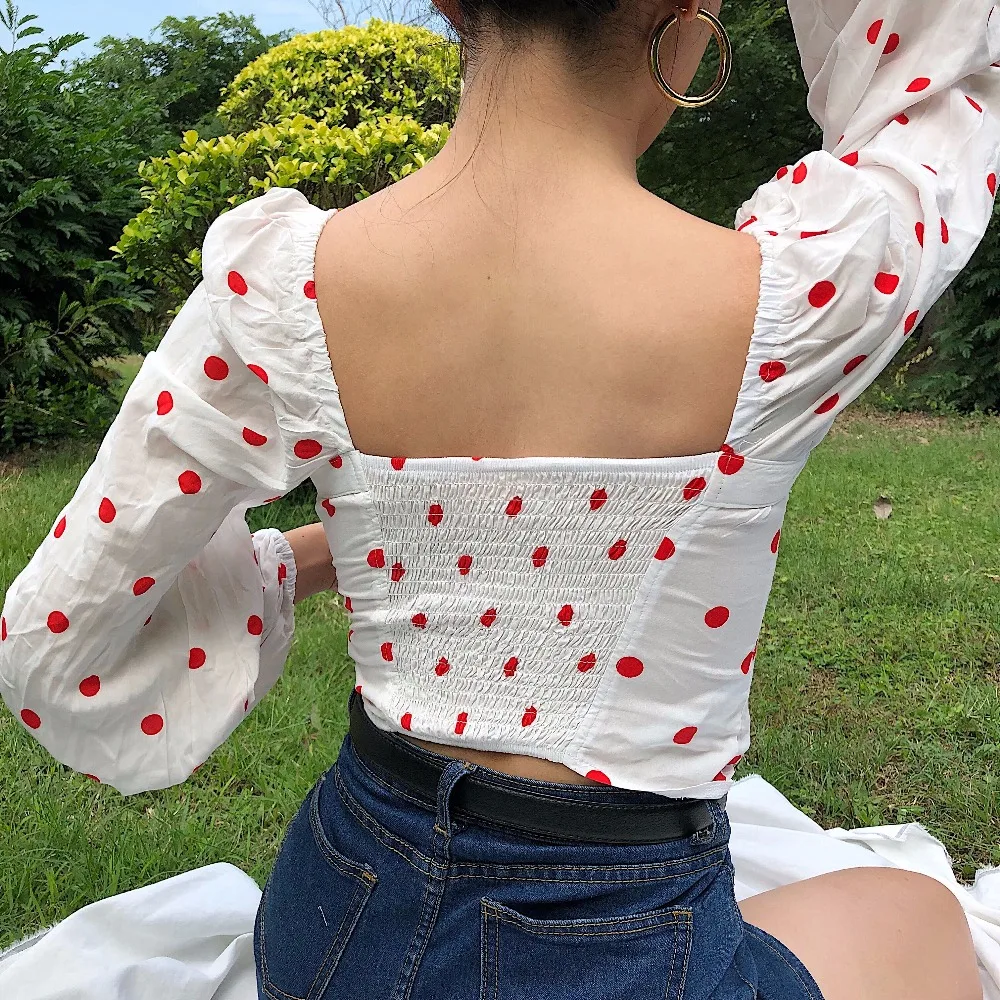 Летняя рубашка Женская винтажная винтажные платья в горошек Блузка Милая Шея