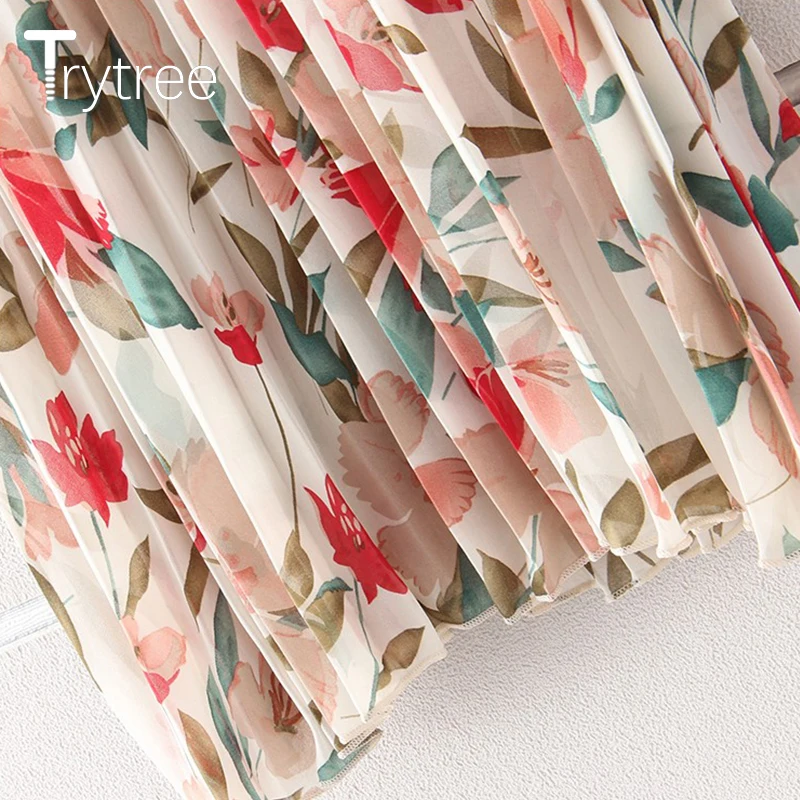 Trytree лето осень плиссированная юбка женская с цветочным принтом полиэстер до