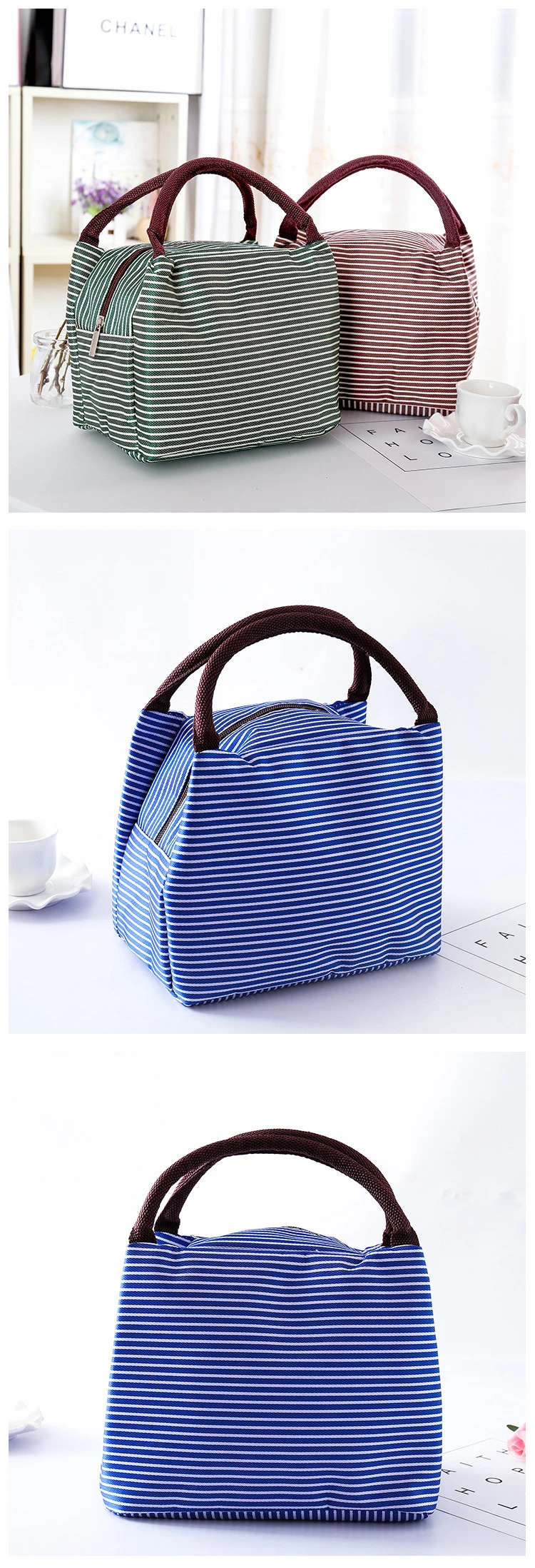 Waterproof Canvas Insulated Lunch Bag Aluminum Foil Stripe Handbags Food Storage Cooler Ice Bag Unisex Portable Lunch Box Tote