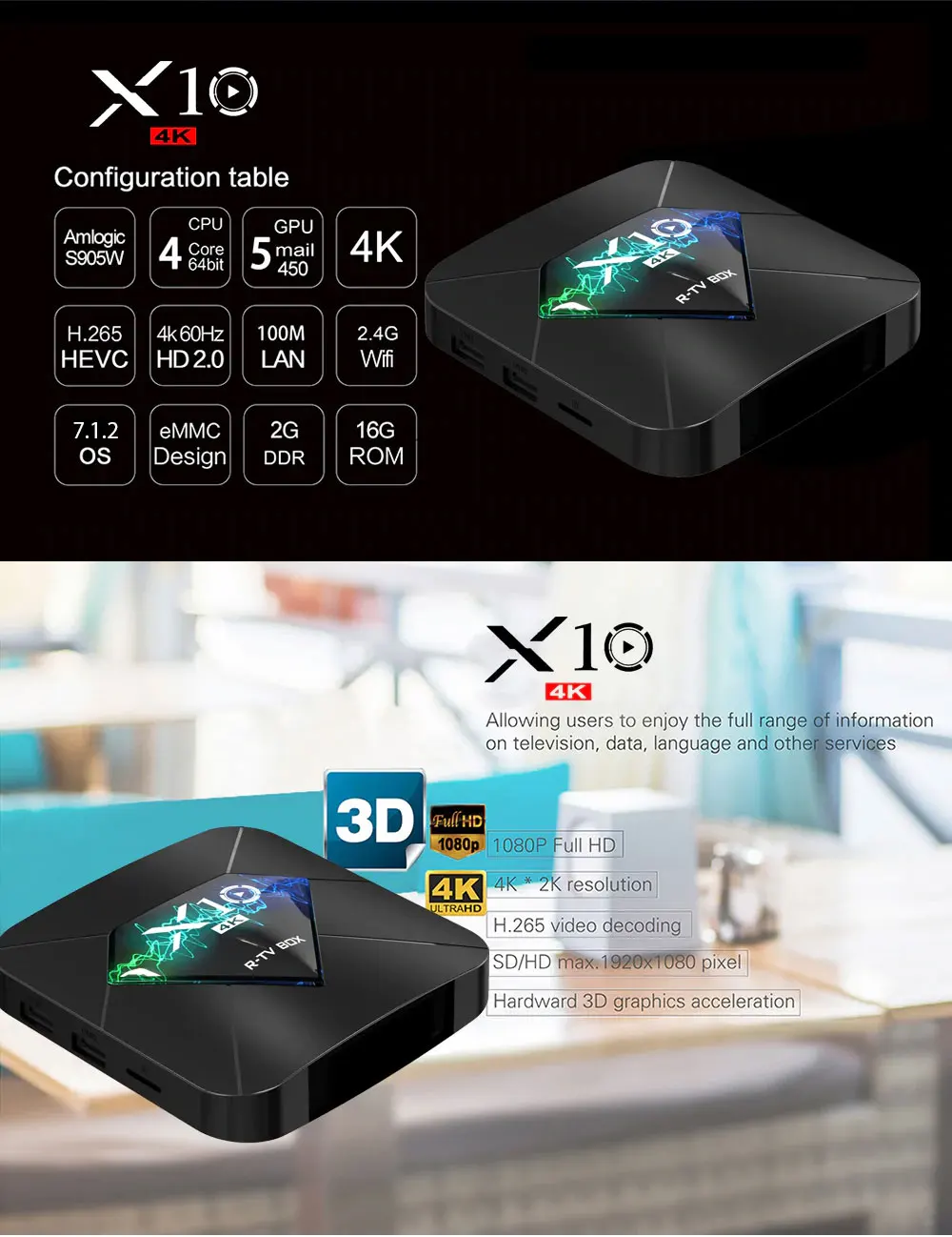 LEORY R-tv Box X10 ТВ приставка S905W 2 Гб 16 Гб 100 м LAN wifi bluetooth 4,0 Android 4K H.265 VP9 телеприставка 2,4G/5,0G wifi