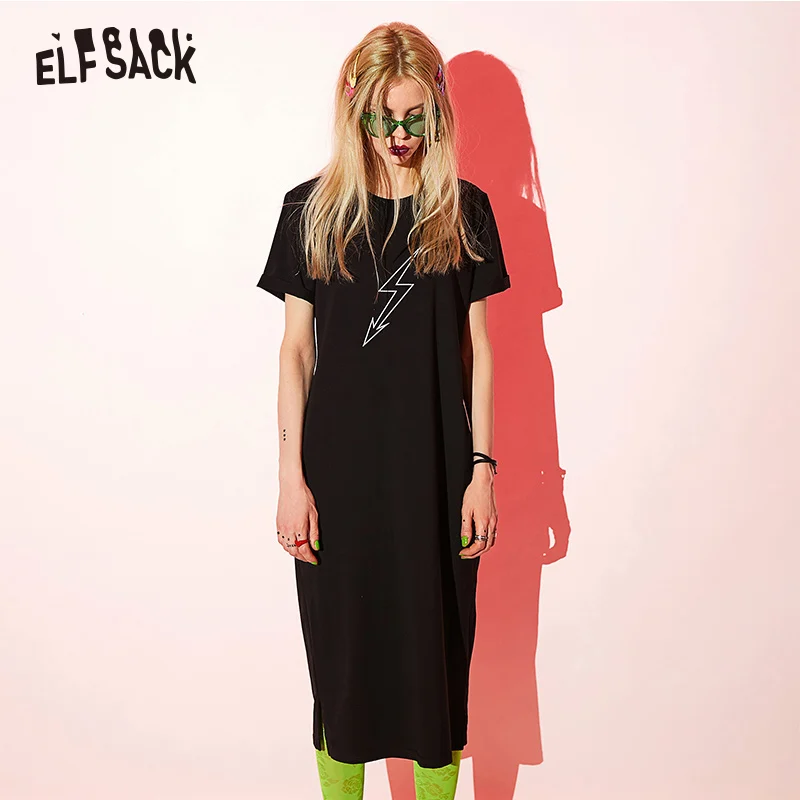 Женское повседневное платье из хлопка ELF SACK, черные уличные женские платья А-силуэта с круглым вырезом и принтом букв для отдыха летом