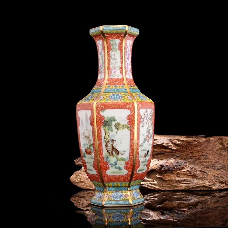 Qing Yong Zheng Эмаль Золотой Китайский Зодиак шестиугольная ваза античный фарфор