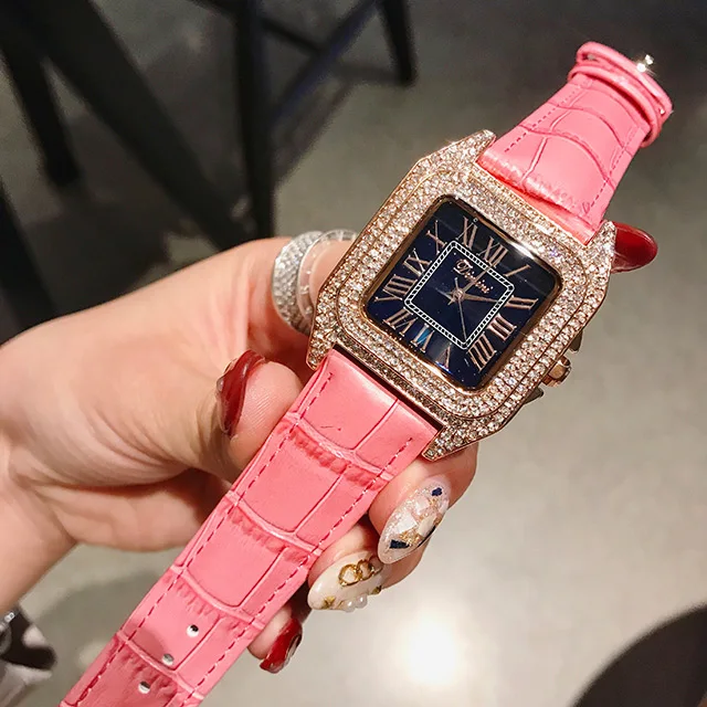 Gold Pink Роскошные женские квадратные часы с бриллиантами, женские модные кварцевые часы с кожаным ремешком, стразы, женские часы с серебряным кристаллом, Новинка - Цвет: Gold Pink