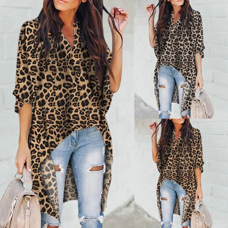 

Women's Casual V-Neck Blouse Half Flare Sleeve Long Shirt Ladies Irregular Leopard Print Womens Tops and Blouse Summer