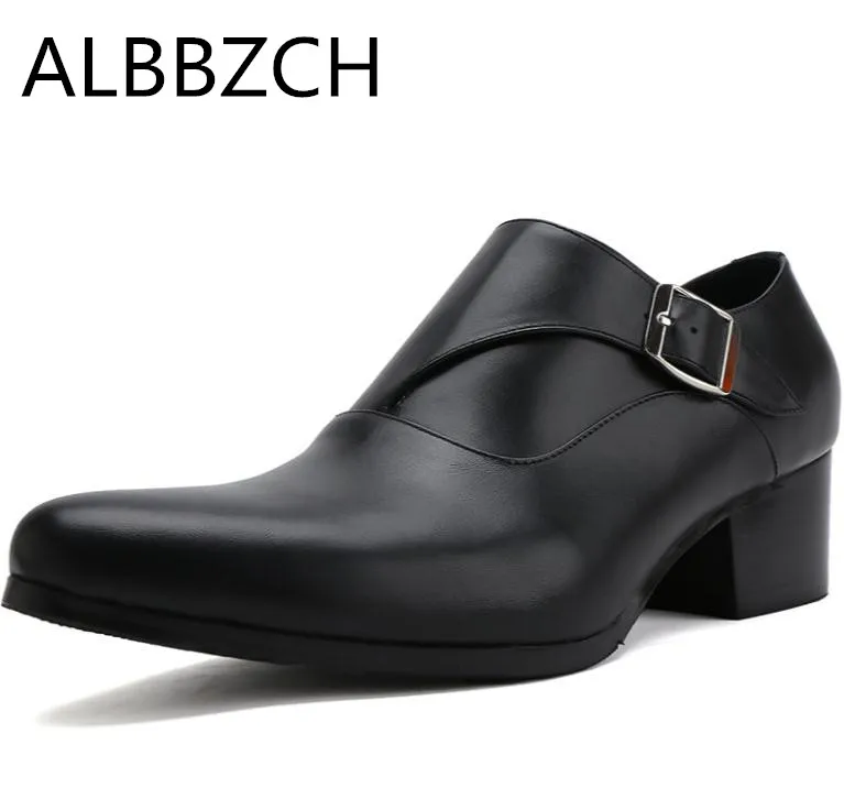 

New Genuine Leather High Heel Men Shoes Black White Wedding Dress Shoes Mens Daily Office Work Pointed Toe Height Increase Shoes