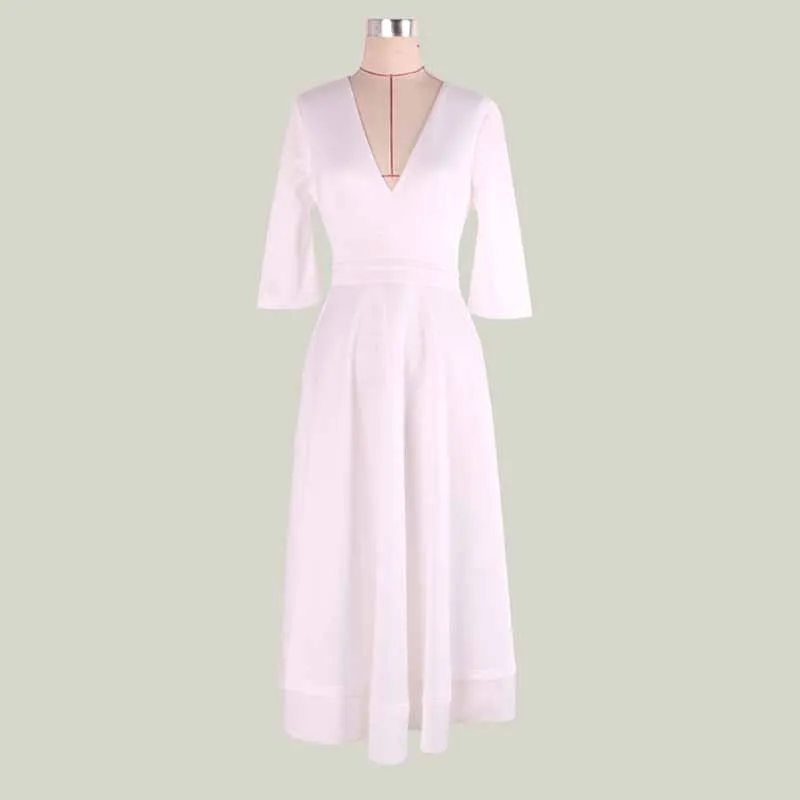 CWLSP осенние длинные плиссированные платья для женщин с высокой талией Vestido Половина рукава V образным вырезом ТРАПЕЦИЕВИДНОЕ ПЛАТЬЕ элегантные вечерние платья QL4140 - Цвет: Белый