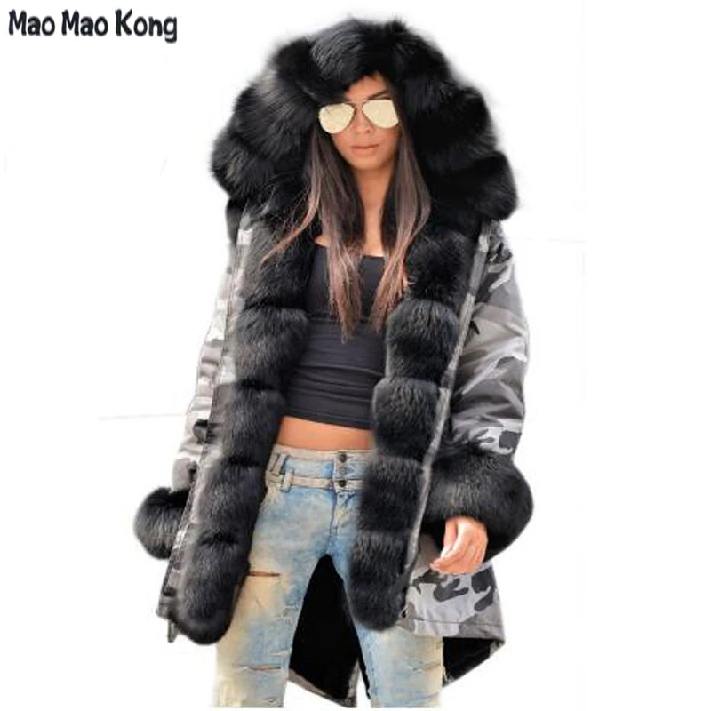 

New Fashion Long Parkas Women Winter Genuine Fox Fur Collar Hooded Coat Real Rex Rabbit Fur Lining Woman Warm Jacket Female