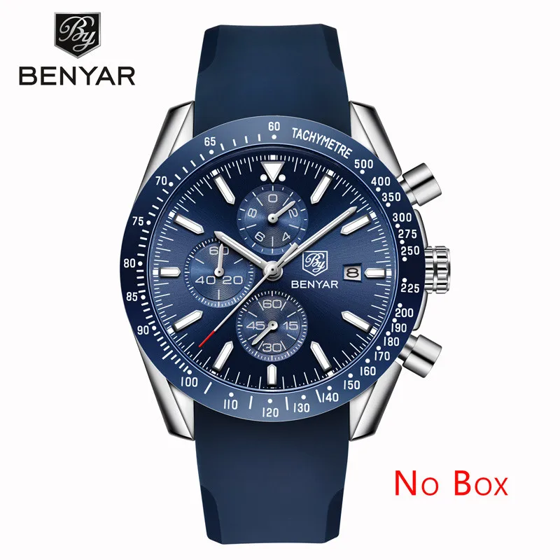 Silver Blue No Box Мужские наручные часы s BENYAR, кварцевые часы с хронографом, Relogio Masculino, новинка, Топ бренд, Роскошные военные часы с силиконовым ремешком - Цвет: Silver Blue No Box