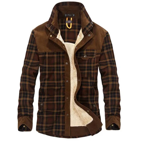 Рубашка мужская с флисовой подкладкой, Толстая шерстяная Повседневная рубашка с отложным воротником, пальто в клетку, с длинным рукавом, в стиле милитари, зима 100%