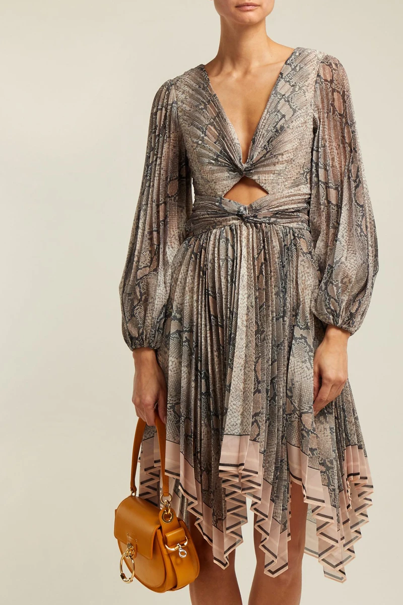 High Quality Hole Print Pleated Dress Celebrity Sexy Women Elegant Bodycon Lantern Sleeve Deep V-Neck Backless Dresses Wholesale | Женская