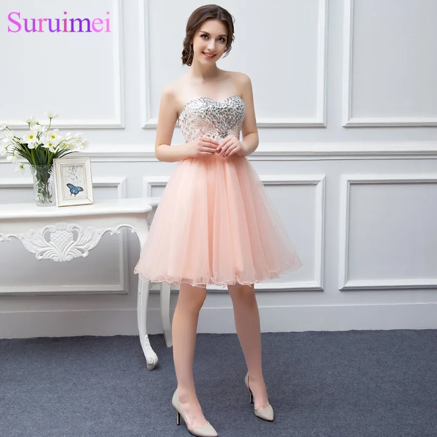 

Short Peach Prom Dresses Beaded Applique Soft Tulle High Quality Girls Prom Party Gown