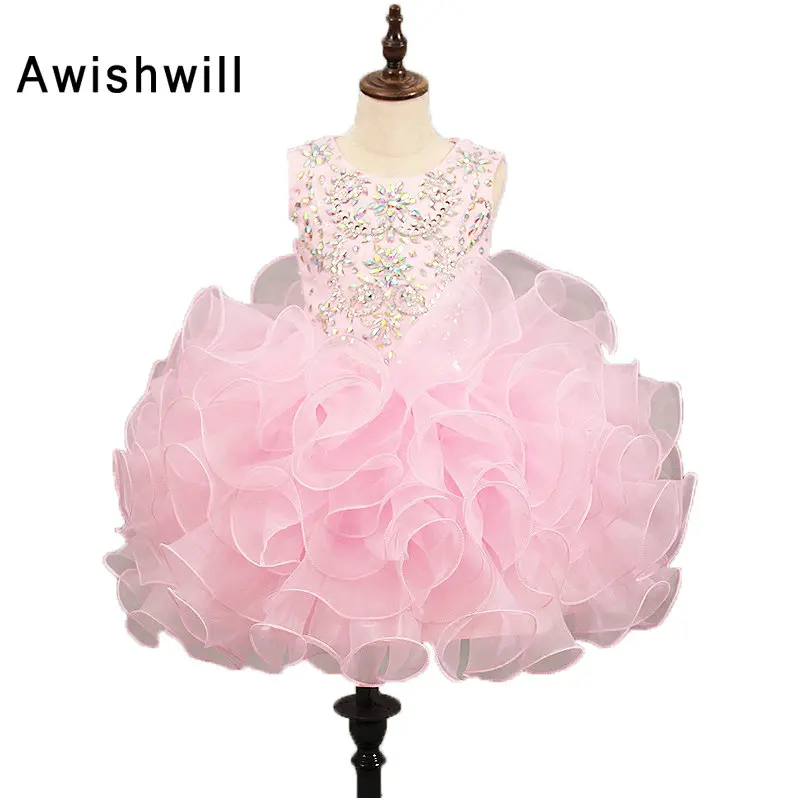 Платья для причастия розового цвета из органзы без рукавов с бисером короткое