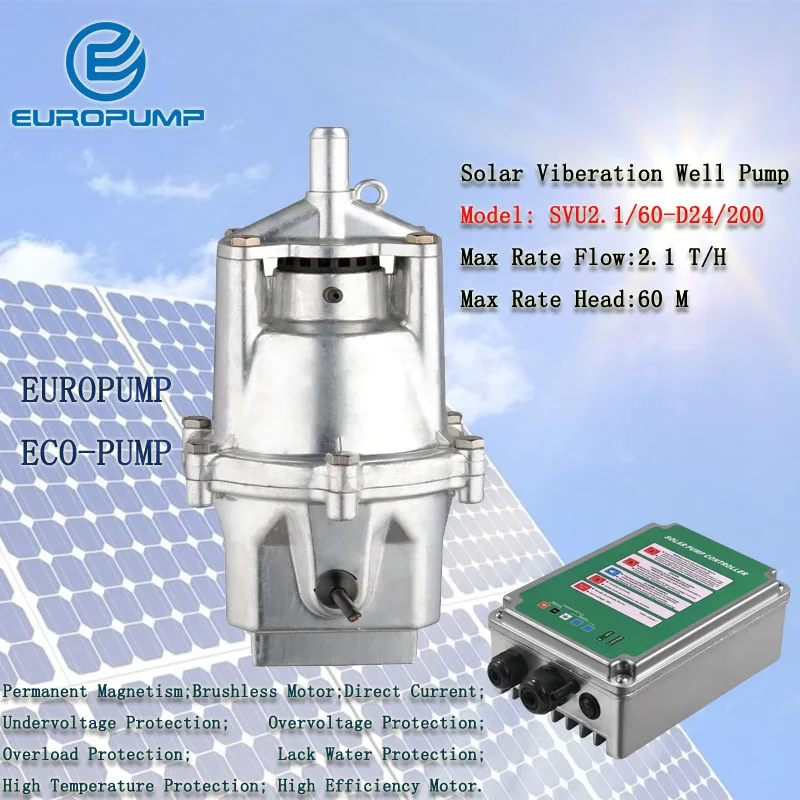 

Модель EUROPUMP (SVU2.1/60-D24/200) 36В DC Бесщеточный Погружной Солнечный насос с MPPT контроллером, Максимальный подъем 60 м 0.3hp солнечный насос