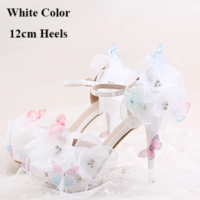 White 12cm Round Toe Г., дизайн, белые свадебные туфли с цветочным кружевом и бабочкой вечерние туфли-лодочки с закругленным носком и ремешком на щиколотке - Цвет: White 12cm Round Toe
