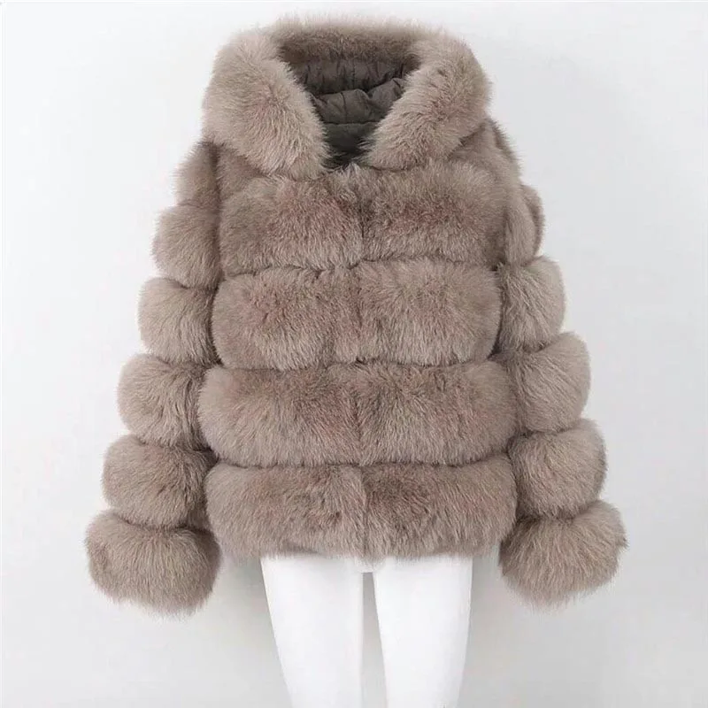 Khaki-5 Трендовые Популярные Короткие шубы для женщин из натурального меха лисы жакет из меха с теплым толстым капюшоном зимняя верхняя одежда Универсальные женские топы - Цвет: Khaki-5