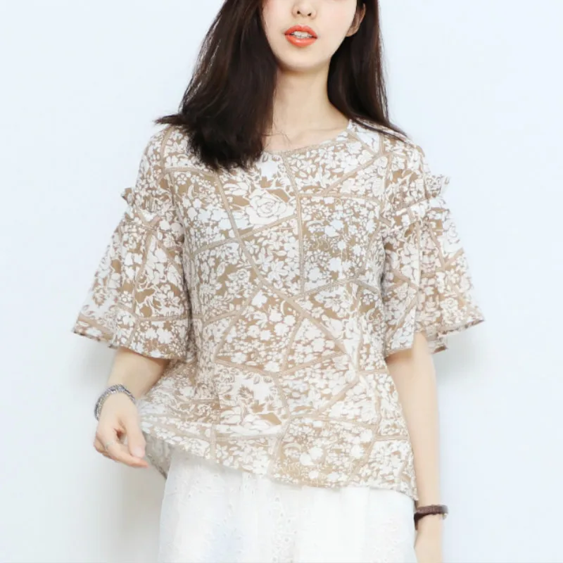 Wankou Women Blouse Summer 2017 New Short Flare Sleeve Sweet Print O-neck Regular Blouses Womens Tunic Shirts Female Clothing |