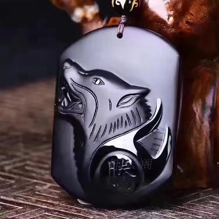 Natural Black Obsidian Carving Wolf Head Amulet pendant free necklace obsidian Blessing Lucky pendants fashion Jewelry|carved wolf head|f