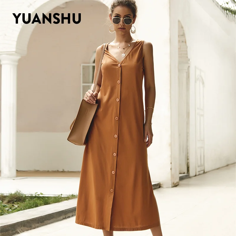 YUANSHU Elegant Maxi Dress Women Summer Solid Sleeveless V Neck Single Breasted Long Off Shoulder Office Ladies Dresses | Женская одежда