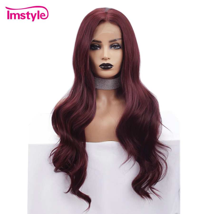 Imstyle 99J красный парик синтетический парик на кружеве для черных женщин длинные волнистые парики термостойкие волокна натуральные волосы косплей парик
