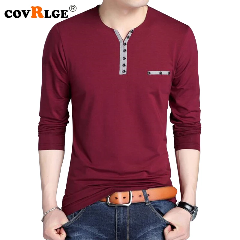 

Футболка Covrlge MTL090 мужская с длинным рукавом, модная рубашка с V-образным вырезом, сорочка Slim Fit в повседневном стиле, на весну, 2018