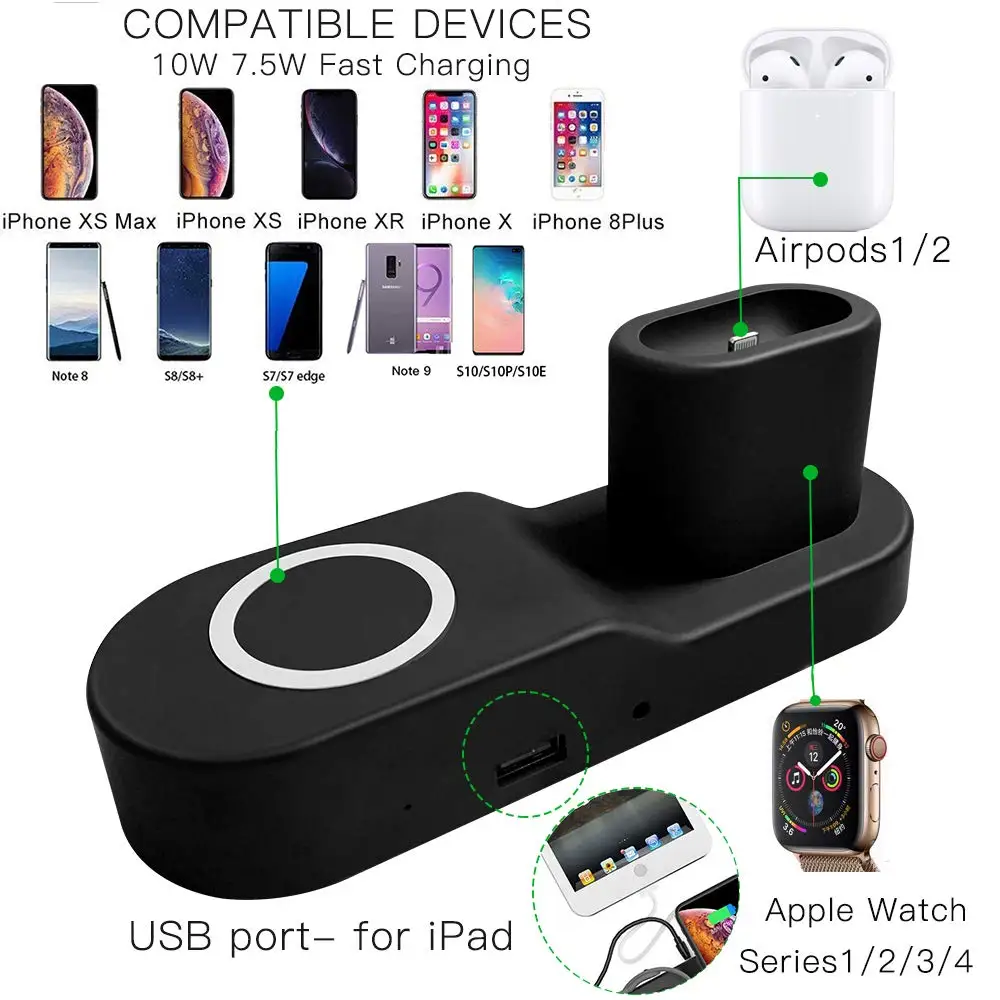 Беспроводная зарядная станция Ascromy 4 в 1 для Iphone XS MAX XR 8 Plus X IWatch Apple Watch Series 3 2 cargador