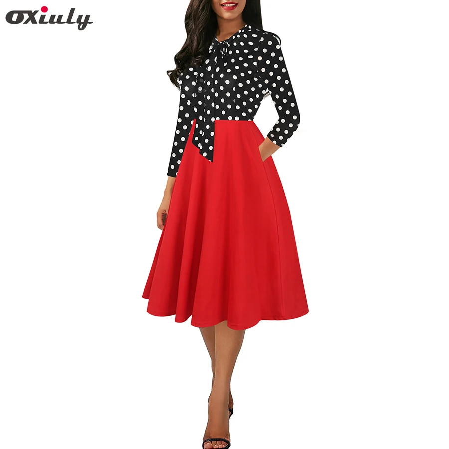 7sleeve dot n red Женское осеннее платье в черно-белый горошек с рукавом 3/4, в стиле пэчворк, с бантиком и карманами, для вечеринки, облегающее и расклешенное ТРАПЕЦИЕВИДНОЕ ПЛАТЬЕ Vestidos - Цвет: 7sleeve dot n red