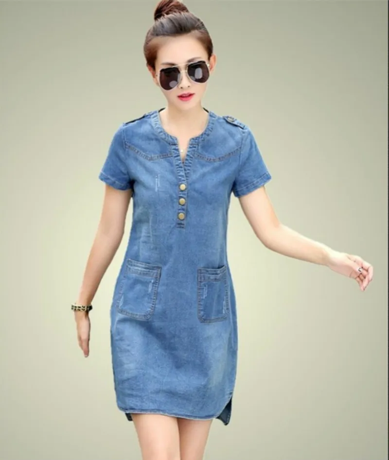 Лето 2018 корейское женское джинсовое платье с короткими рукавами большого
