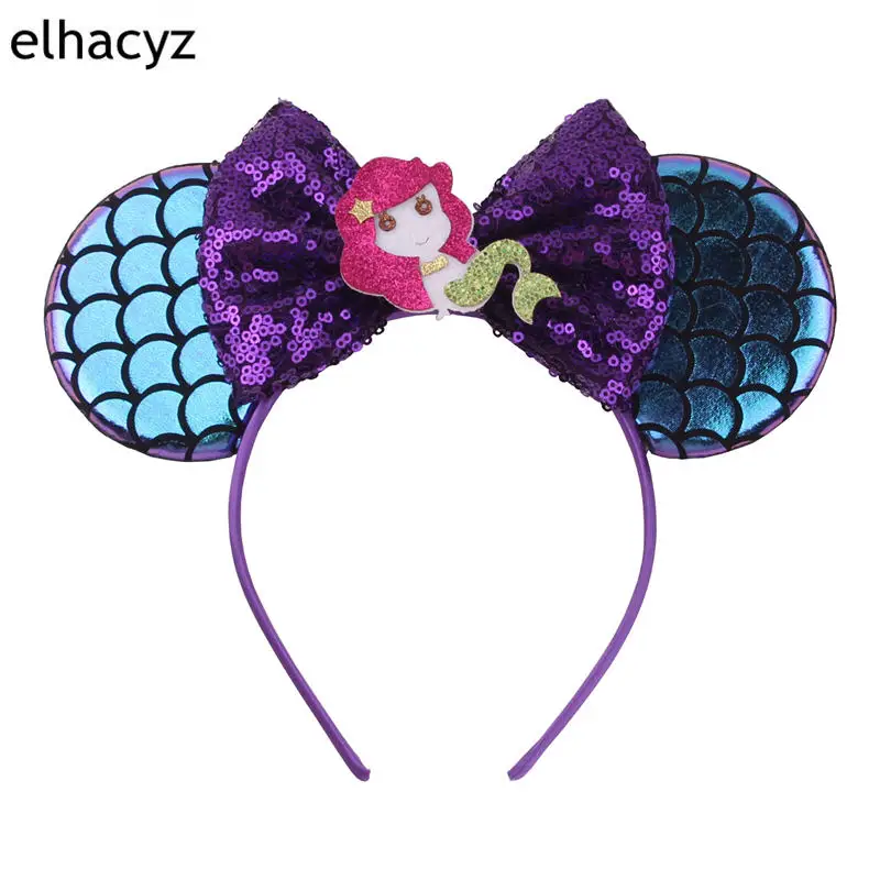 НОВЫЕ шикарные 3,3 ''зеленый русалка уши Hairband блеск Лето DIY девушки дети блесток лук головные обручи с Минни DIY аксессуары для волос