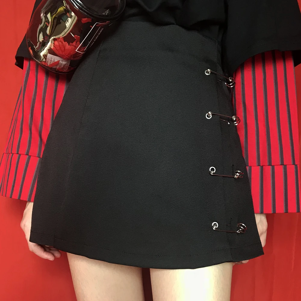 Flectit Punk Rock Style Safety Pin A-Line Mini Skirt with Side Split High Waisted Collins Skirt Women Harajuku Street Wear