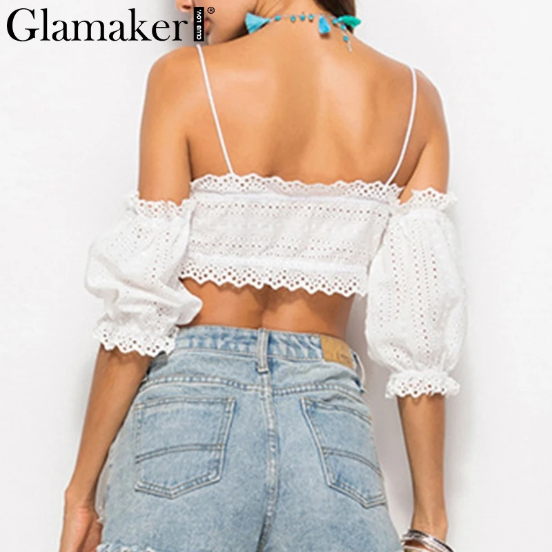 Женский короткий топ Glamaker белый с открытыми плечами на лето со шнуровкой