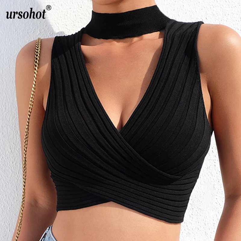 Ursohot Лето халер Bodycon сексуальный укороченный Топ для женщин бандажный полый v