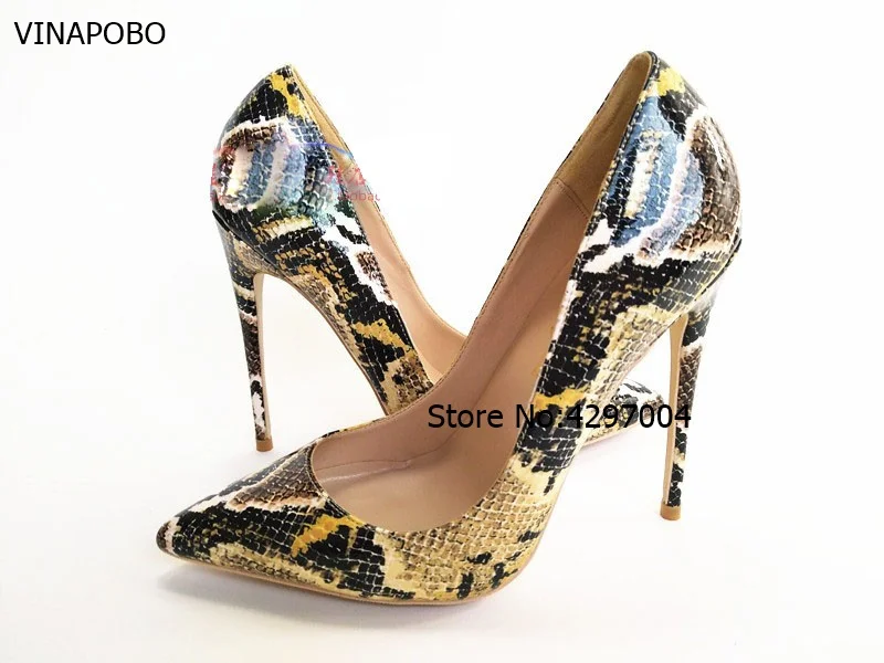 

Hot Selling New Snake Print Leather Pointed Toe Blade Heel Pumps Sexy Python Stilettos Heel Women Dress wedding shoes woman Size