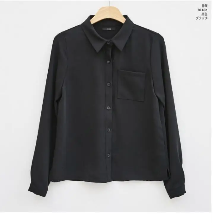 

Черная рубашка женская с длинным рукавом Корейская версия Весенняя новая свободная облегающая Студенческая шифоновая рубашка офисная Дам...