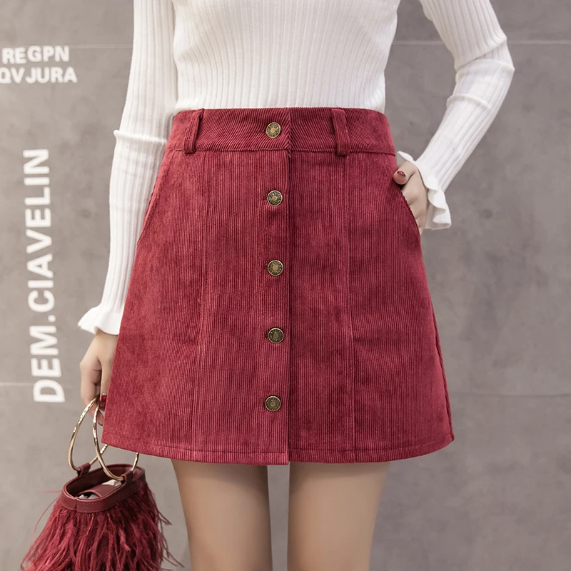 Autumn Skirts Womens Korean Fashion Casual Corduroy Skirt Women Single Breasted A-Line High Waist Mini Jupe Femme Faldas | Женская