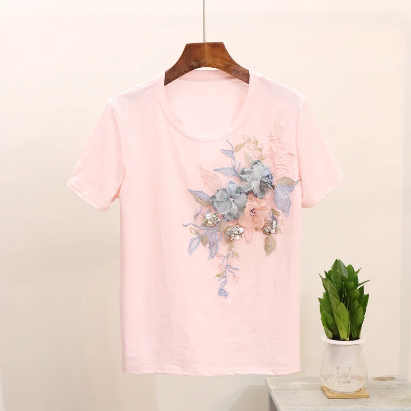 Casual T shirts cotton Women Summer top 2019 Embroidery Sequin Flower Short sleeve Tees Wild Fashion Ladies Tshirts Tops | Женская