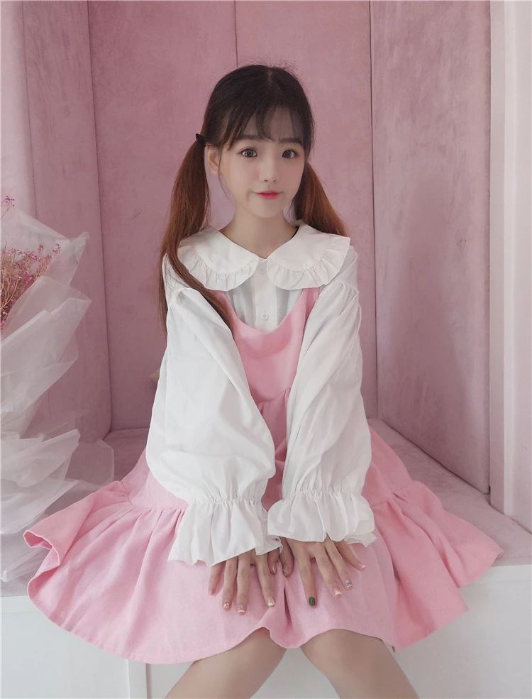 Lolita Dress Sweet Cute Kawaii Girls OP Princess Maid Vintage Ruffles Skirt Puff Sleeve Top and Pink Women Round Collar | Тематическая