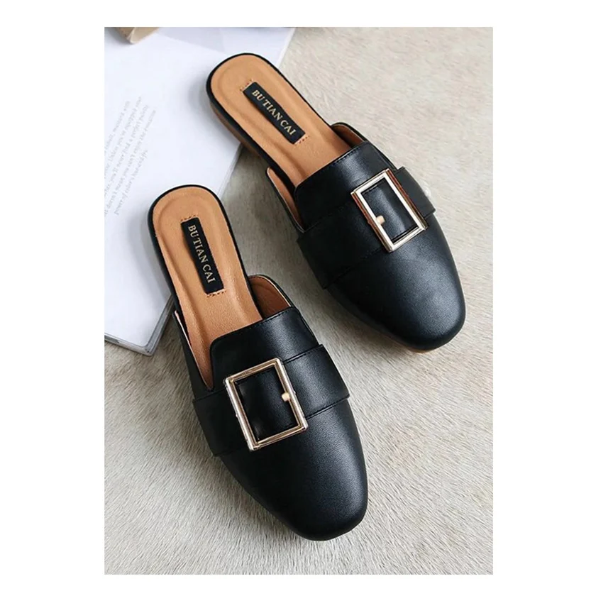 Black Buckle Bailehou/женские брендовые тапочки; модные женские туфли на плоской подошве с металлической пряжкой; повседневные Лоферы без задника; туфли на плоской подошве с круглым носком; большой размер 41 - Цвет: Black Buckle